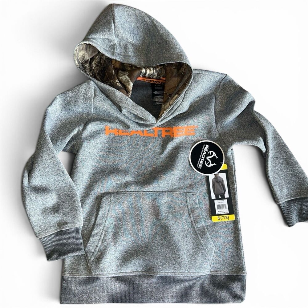 Boys Size S (7/8) Realtree Hoodie Light Gray Orange Logo Kangaroo Pocket